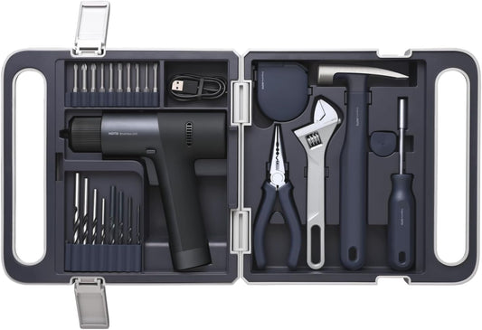 HOTO Brushless Drill Tool Kit, 12V Cordless Power Drill Tool Kit with LED Display, Includes Drill/10 Bits & 8 Drill Bits/Tape Measure/Plier/Spanner/Hammer/Screwdriver, Hidden Buckle Design