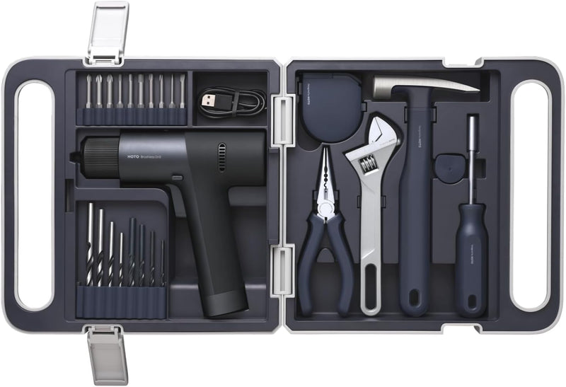 HOTO Brushless Drill Tool Kit, 12V Cordless Power Drill Tool Kit with LED Display, Includes Drill/10 Bits & 8 Drill Bits/Tape Measure/Plier/Spanner/Hammer/Screwdriver, Hidden Buckle Design