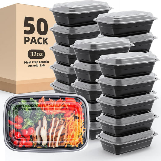 50 Pack 32 oz Meal Prep Containers with Lids, Reusable Leakproof & Food Safe Food Storage Containers, Microwave, Freezer, Dishwasher Safe Food Prep Containers, To Go Take Out Plastic Food Storage