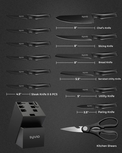 Knife Set, syvio 15pcs Knife Sets for Kitchen with Block and Sharpener, Razor-Sharp, Effortless Sharpening, Premium Kitchen Knives with Heavy Poultry Shears and 6pcs Serrated Steak Knives, Black