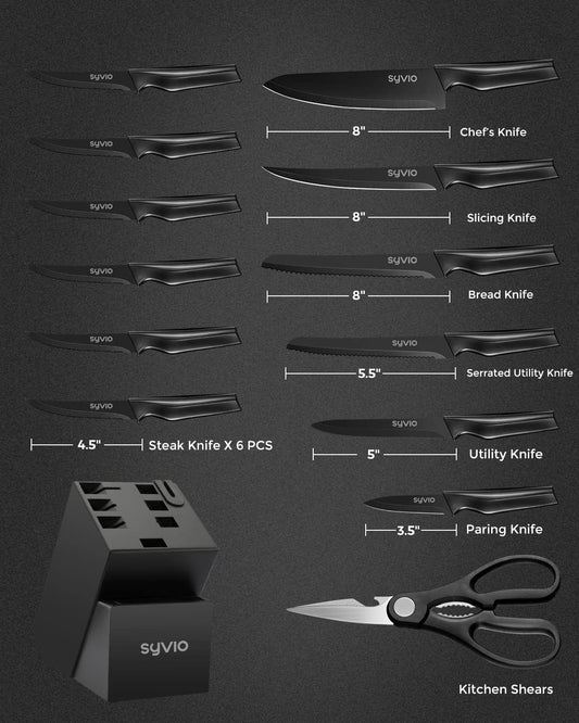 Knife Set, syvio 15pcs Knife Sets for Kitchen with Block and Sharpener, Razor-Sharp, Effortless Sharpening, Premium Kitchen Knives with Heavy Poultry Shears and 6pcs Serrated Steak Knives, Black