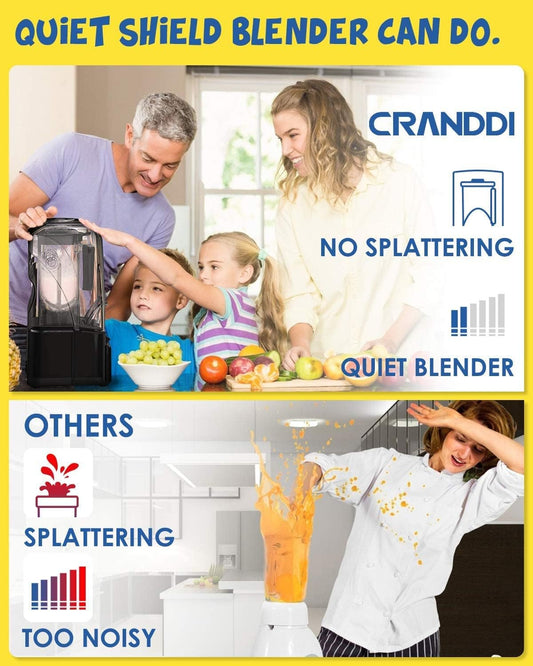 CRANDDI Commercial Quiet Blender 2200 Watt for Kitchen with Soundproof Shield Cover, Heavy Duty High Speed Blender with 80oz Pitcher and Self-Cleaning, K90 Black - PuriLite
