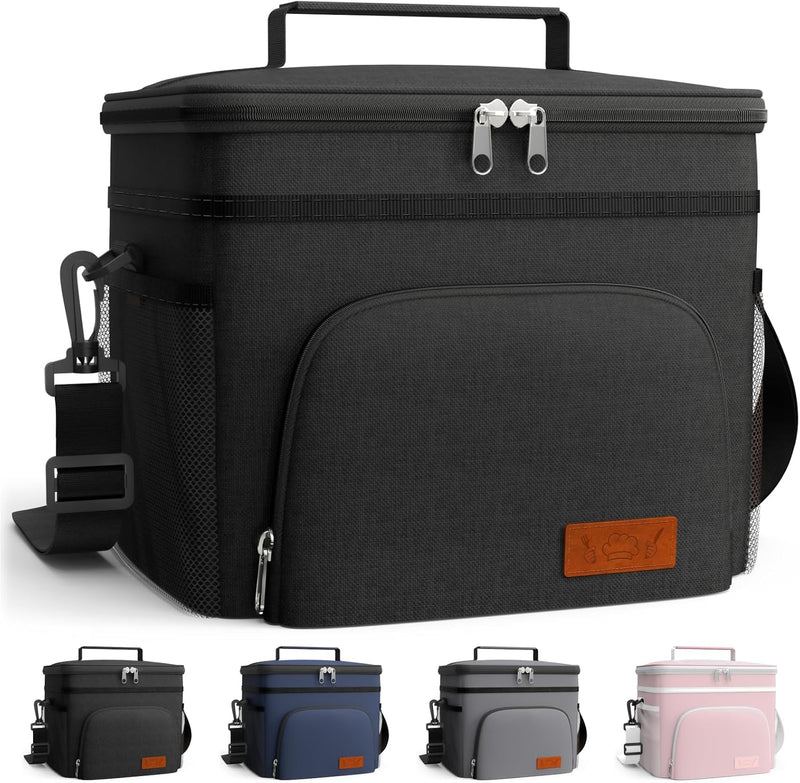 HOTOR Insulated Lunch Bags for Men & Women - Leak-Proof Cooler Lunch Box with 4 Pockets, Adjustable Strap - Medium, Black, 26cm × 17cm × 22cm