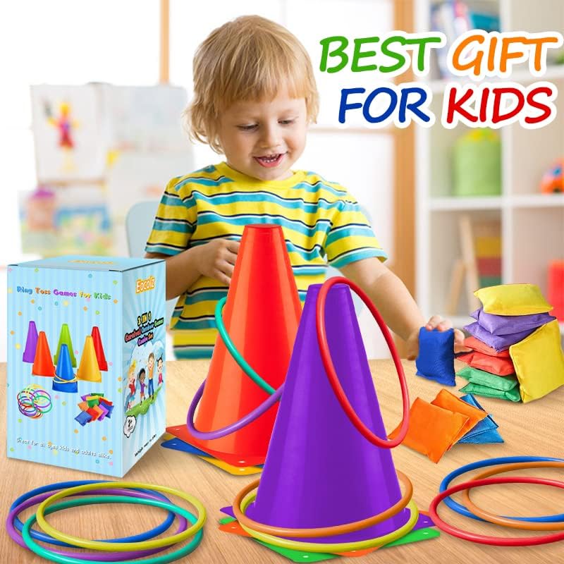 Eocolz 3 in 1 Carnival Games Set, Soft Plastic Cones Bean Bags Ring Toss Games for Kids Birthday Party Outdoor Games Supplies 32 Piece Combo Set