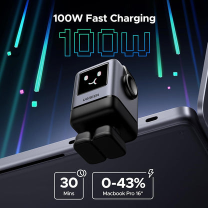 UGREEN Uno 100W Robot GaN Charger Bundle – 4-Port Fast Charging with TFT Screen + 100W USB-C to USB-C Cables - PuriLite