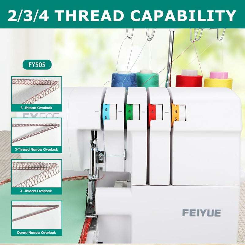 FEIYUE FY505 Serger Overlock Machine with 2/3/4 Thread Capability, Built-in Rolled Hem, Durable Heavy-Duty Metal Frame, Adjustable Differential Feed