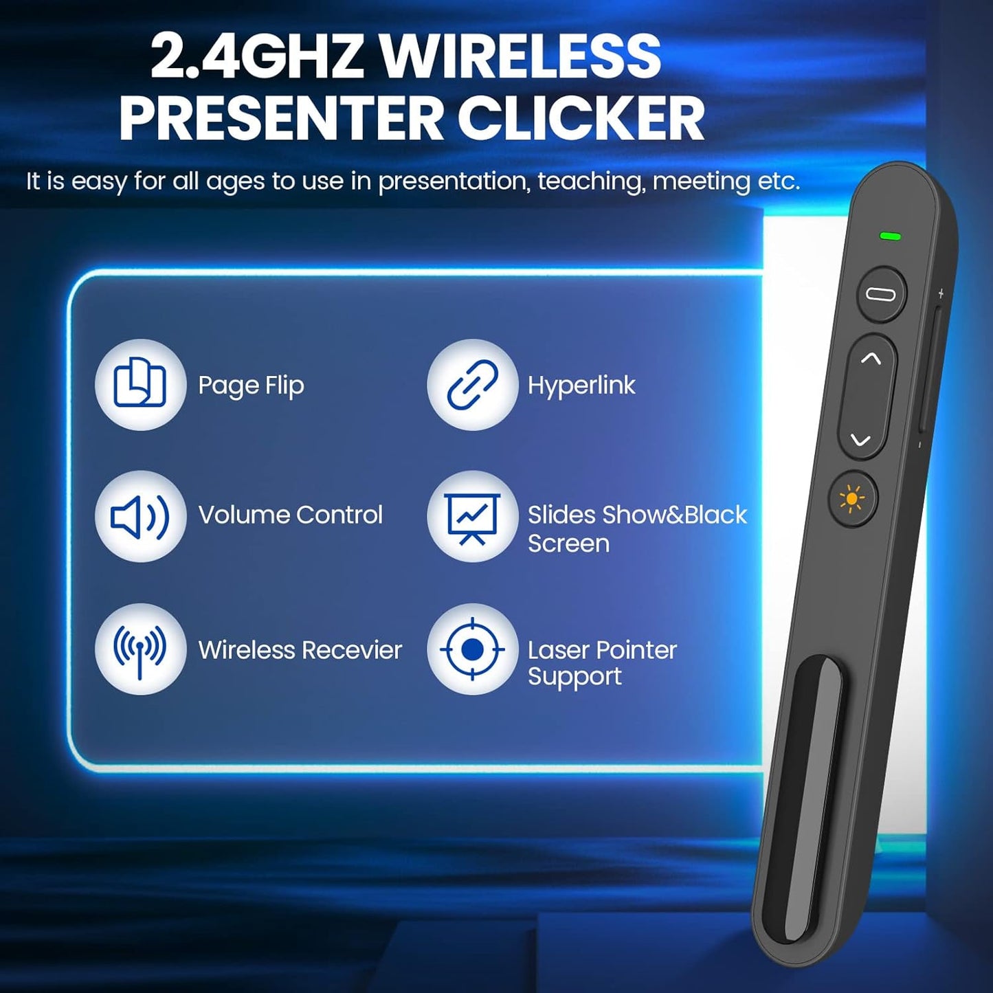 Wireless Presenter, 2.4GHz USB Control Presentation PPT PowerPoint Clicker for Keynote, Laptop, Google Slides - Support Hyperlink and Volume Control（1pcs）