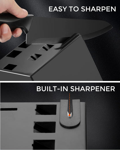 Knife Set, syvio 15pcs Knife Sets for Kitchen with Block and Sharpener, Razor-Sharp, Effortless Sharpening, Premium Kitchen Knives with Heavy Poultry Shears and 6pcs Serrated Steak Knives, Black