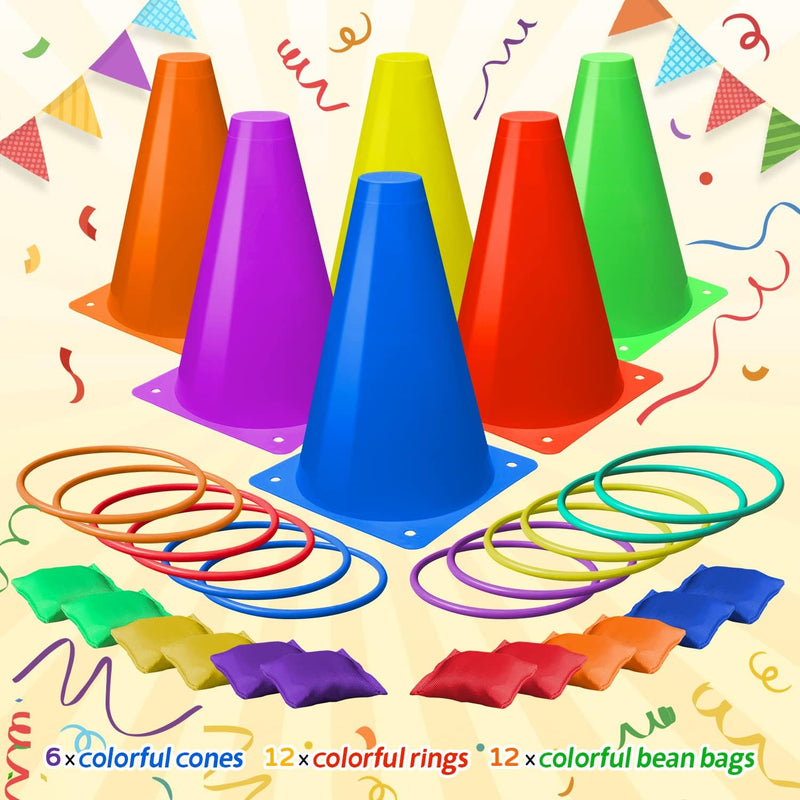 Eocolz 3 in 1 Carnival Games Set, Soft Plastic Cones Bean Bags Ring Toss Games for Kids Birthday Party Outdoor Games Supplies 32 Piece Combo Set