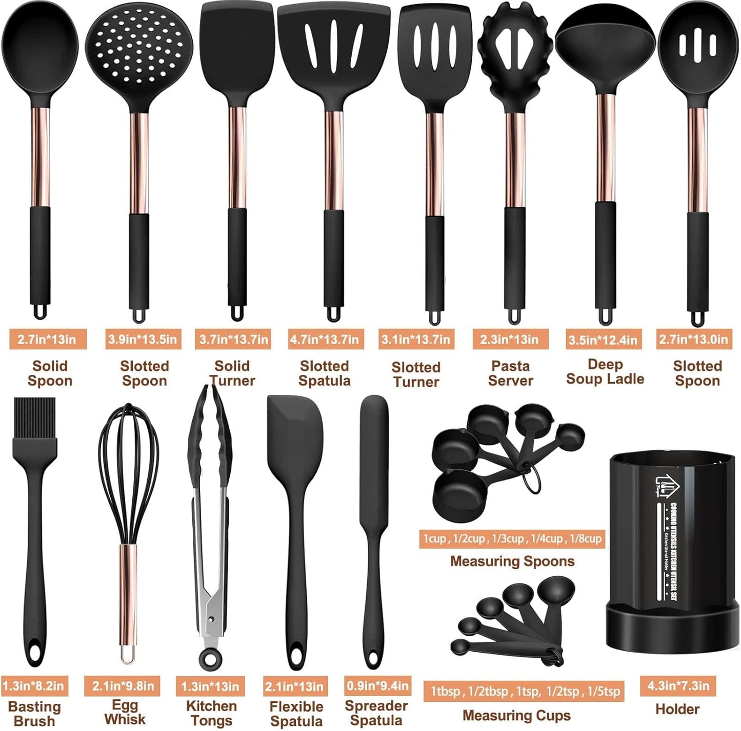 Silicone Cooking Utensil Set, Fungun 24pcs Silicone Cooking Kitchen Utensils Set, Non-Stick Heat Resistant - Best Kitchen Cookware with Copper Stainless Steel Handle - Black(Large, Non Toxic)