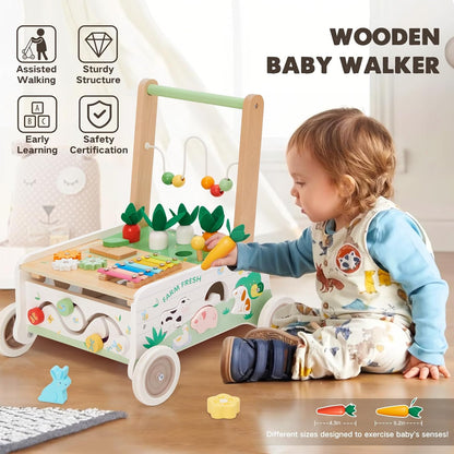 Wooden Baby Walker, Baby Push Walker Adjustable Speed Baby Walker Toddler Activity Center Toys Montessori Farm Walker Toy with Shape Sorter Carrot Wooden Toy for Boys and Girls