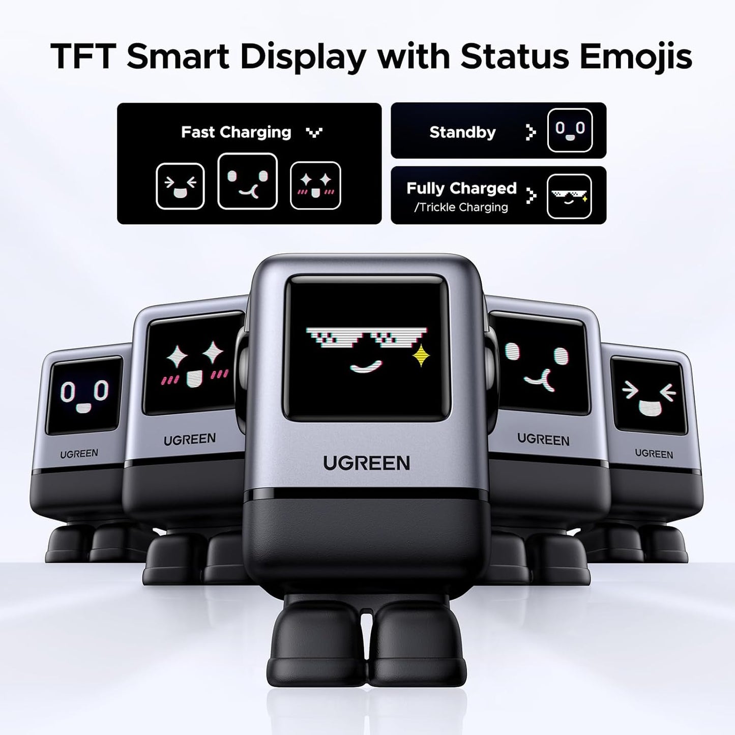 UGREEN Uno 100W Robot GaN Charger Bundle – 4-Port Fast Charging with TFT Screen + 100W USB-C to USB-C Cables - PuriLite