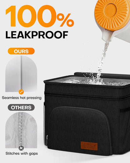 HOTOR Insulated Lunch Bags for Men & Women - Leak-Proof Cooler Lunch Box with 4 Pockets, Adjustable Strap - Medium, Black, 26cm × 17cm × 22cm