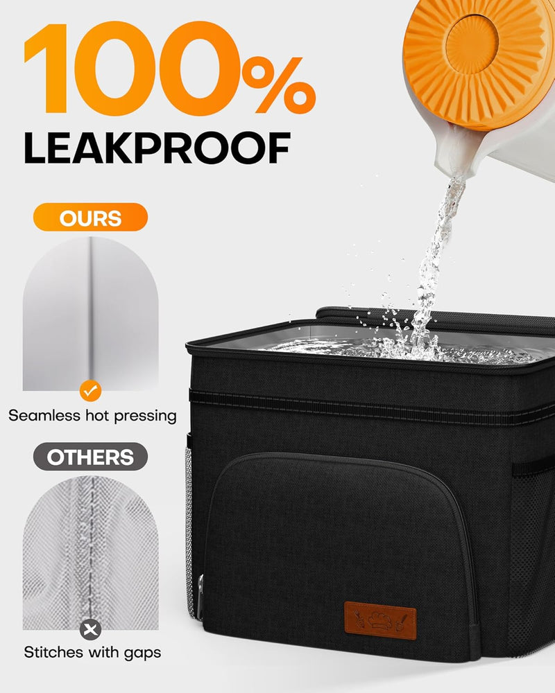 HOTOR Insulated Lunch Bags for Men & Women - Leak-Proof Cooler Lunch Box with 4 Pockets, Adjustable Strap - Medium, Black, 26cm × 17cm × 22cm