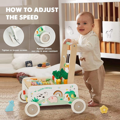 Wooden Baby Walker, Baby Push Walker Adjustable Speed Baby Walker Toddler Activity Center Toys Montessori Farm Walker Toy with Shape Sorter Carrot Wooden Toy for Boys and Girls