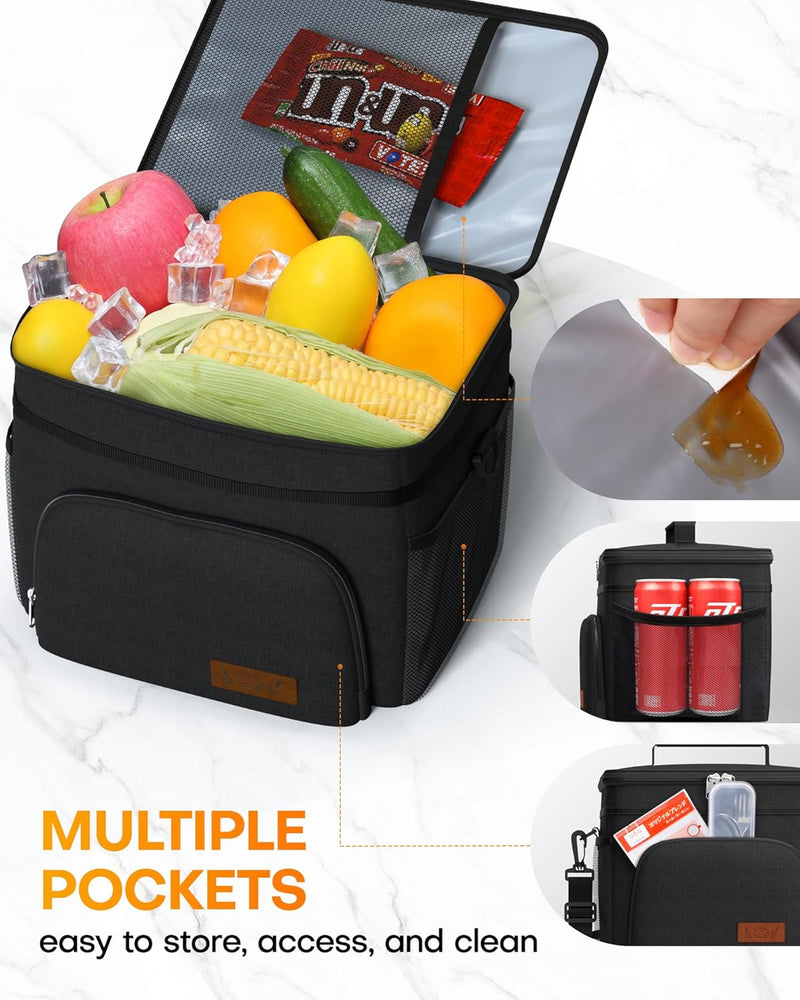 HOTOR Insulated Lunch Bags for Men & Women - Leak-Proof Cooler Lunch Box with 4 Pockets, Adjustable Strap - Medium, Black, 26cm × 17cm × 22cm