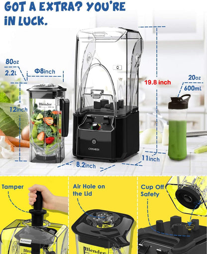 CRANDDI Commercial Quiet Blender 2200 Watt for Kitchen with Soundproof Shield Cover, Heavy Duty High Speed Blender with 80oz Pitcher and Self-Cleaning, K90 Black