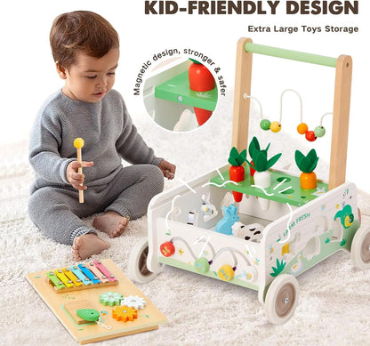 Wooden Baby Walker, Baby Push Walker Adjustable Speed Baby Walker Toddler Activity Center Toys Montessori Farm Walker Toy with Shape Sorter Carrot Wooden Toy for Boys and Girls