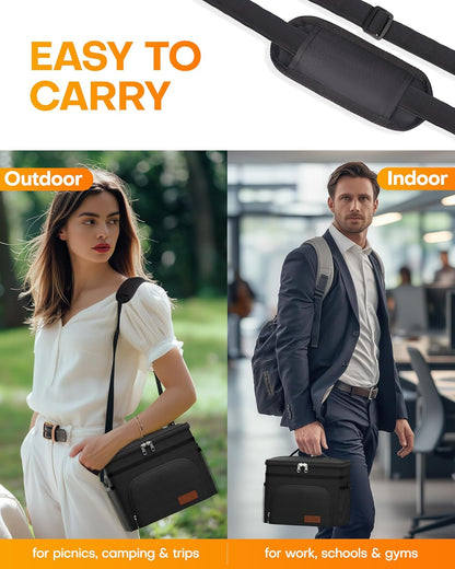 HOTOR Insulated Lunch Bags for Men & Women - Leak-Proof Cooler Lunch Box with 4 Pockets, Adjustable Strap - Medium, Black, 26cm × 17cm × 22cm