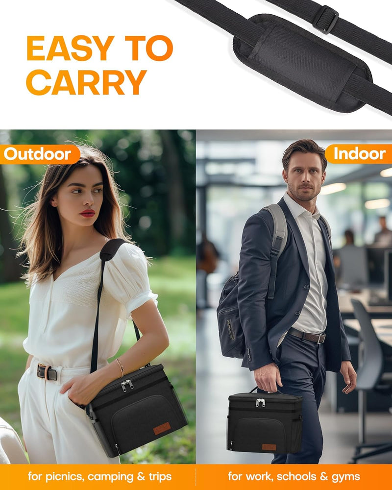 HOTOR Insulated Lunch Bags for Men & Women - Leak-Proof Cooler Lunch Box with 4 Pockets, Adjustable Strap - Medium, Black, 26cm × 17cm × 22cm