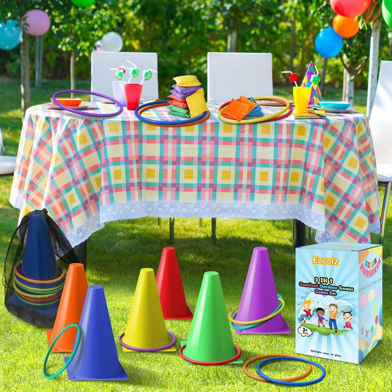 Eocolz 3 in 1 Carnival Games Set, Soft Plastic Cones Bean Bags Ring Toss Games for Kids Birthday Party Outdoor Games Supplies 32 Piece Combo Set