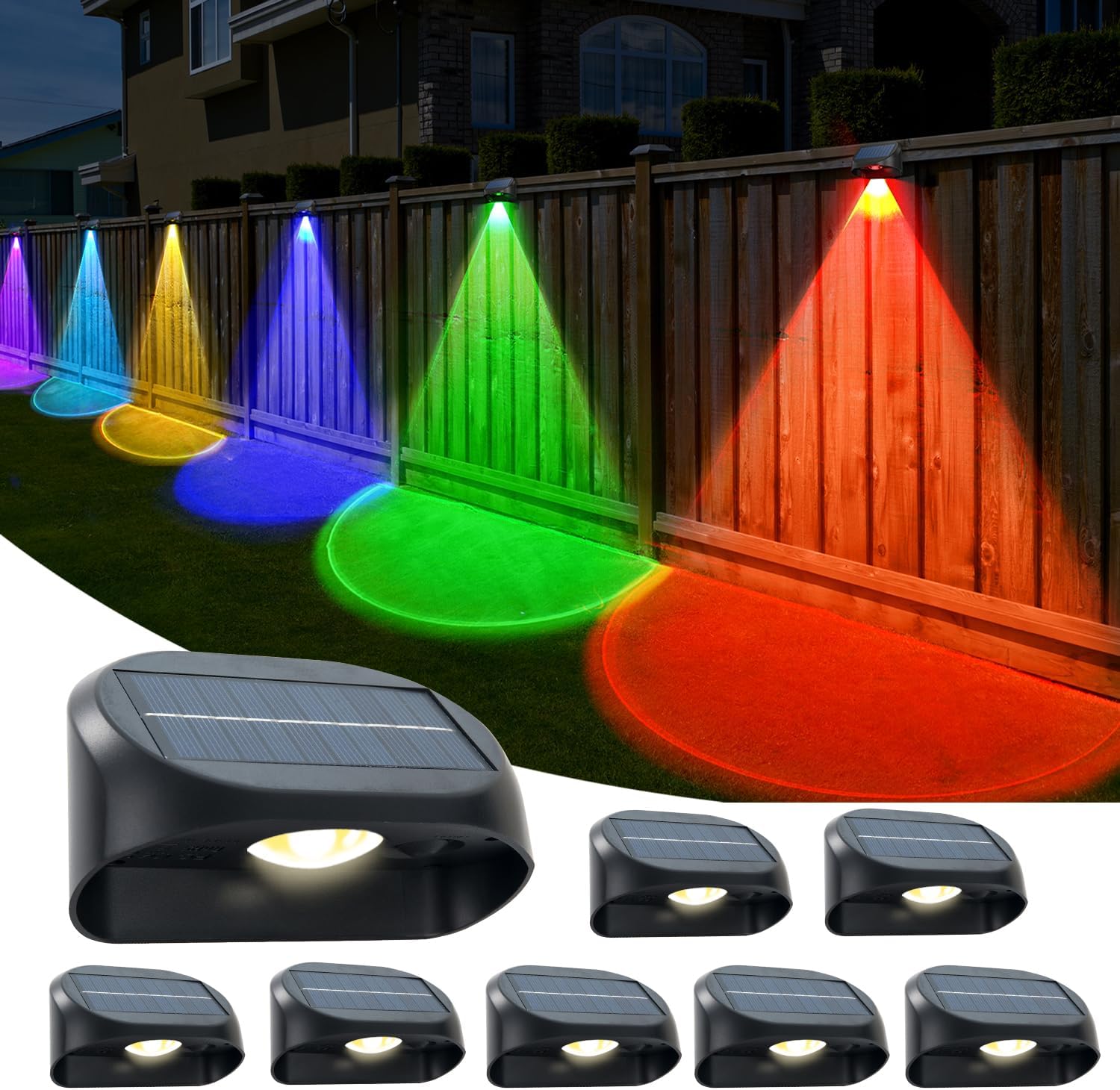 Outdoor Solar Lights for Fence, 8 Pack Brighter Solar Fence Light with 8 Colors & 3 Color Changing Modes, Waterproof Outdoor Light for Backyard, Garden, Fence, Wall, Deck, Stairs - PuriLite