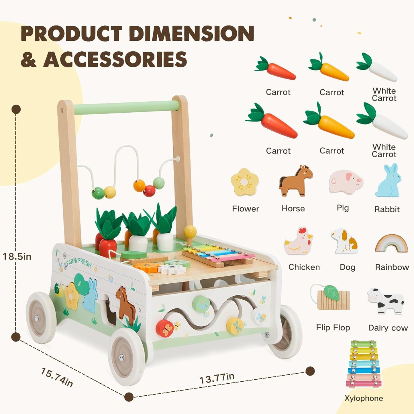 Wooden Baby Walker, Baby Push Walker Adjustable Speed Baby Walker Toddler Activity Center Toys Montessori Farm Walker Toy with Shape Sorter Carrot Wooden Toy for Boys and Girls