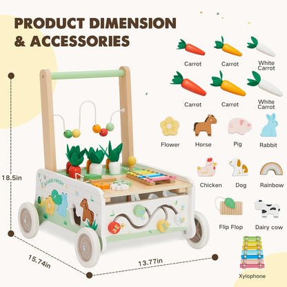 Wooden Baby Walker, Baby Push Walker Adjustable Speed Baby Walker Toddler Activity Center Toys Montessori Farm Walker Toy with Shape Sorter Carrot Wooden Toy for Boys and Girls