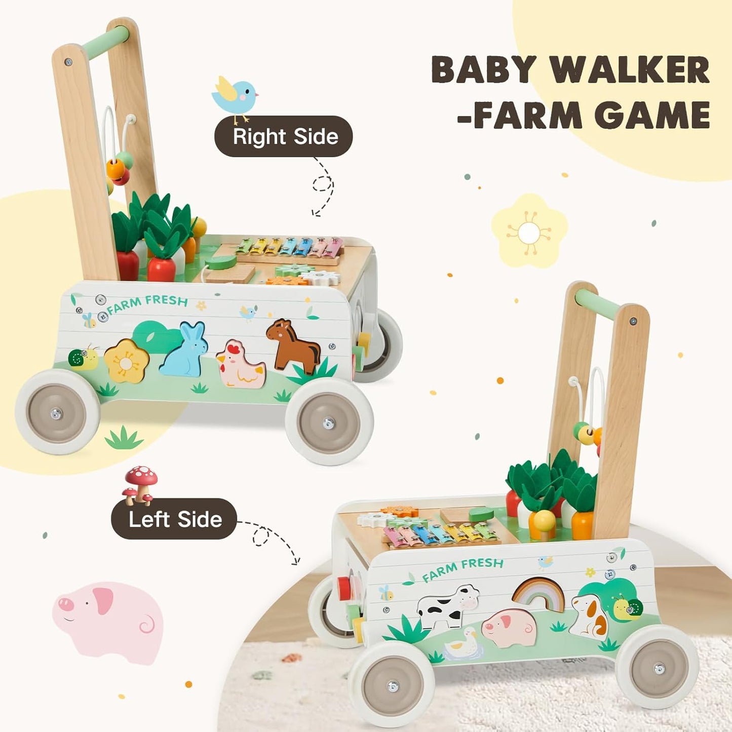 Wooden Baby Walker, Baby Push Walker Adjustable Speed Baby Walker Toddler Activity Center Toys Montessori Farm Walker Toy with Shape Sorter Carrot Wooden Toy for Boys and Girls