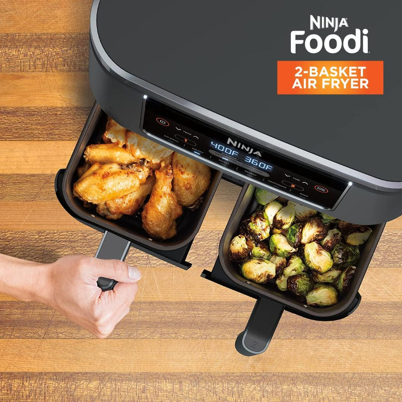 Ninja Foodi 6-in-1 8-qt. (7.6L) 2-Basket Air Fryer DualZone Technology, Match Cook & Smart Finish to Roast, Broil, Dehydrate & More for Quick, Easy Meals, Slate Grey (DZ201C) Canadian Version