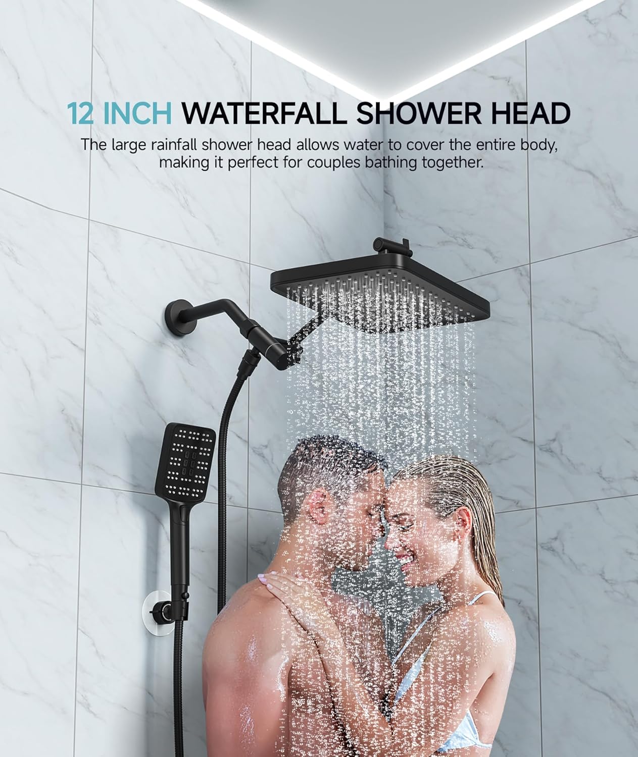 Purilite Select High Pressure Rain Shower Head with Handheld Spray – 12” Adjustable Dual Rainfall & Waterfall Shower Head Combo, Matte Black Bathroom Shower System