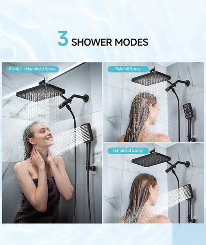 Purilite Select High Pressure Rain Shower Head with Handheld Spray – 12” Adjustable Dual Rainfall & Waterfall Shower Head Combo, Matte Black Bathroom Shower System