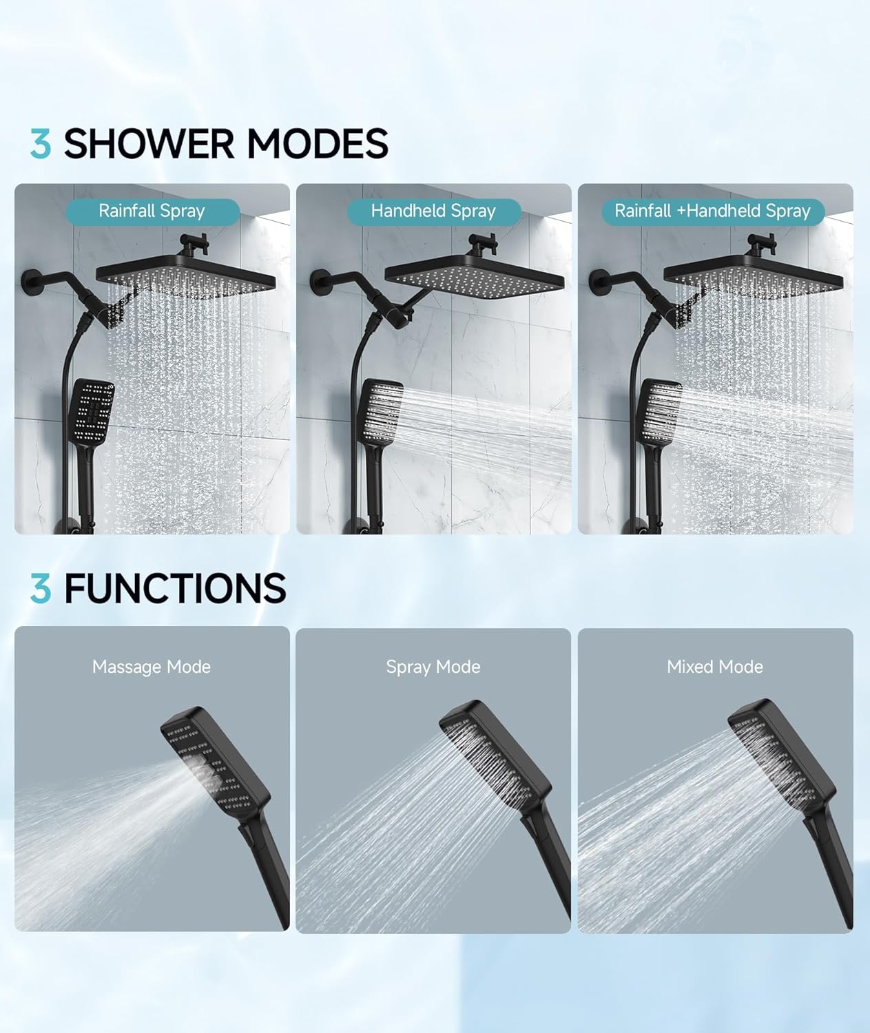 Purilite Select High Pressure Rain Shower Head with Handheld Spray – 12” Adjustable Dual Rainfall & Waterfall Shower Head Combo, Matte Black Bathroom Shower System
