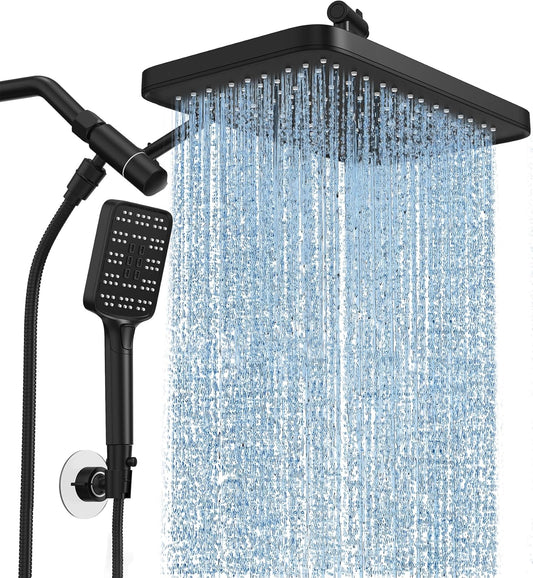Purilite Select High Pressure Rain Shower Head with Handheld Spray – 12” Adjustable Dual Rainfall & Waterfall Shower Head Combo, Matte Black Bathroom Shower System