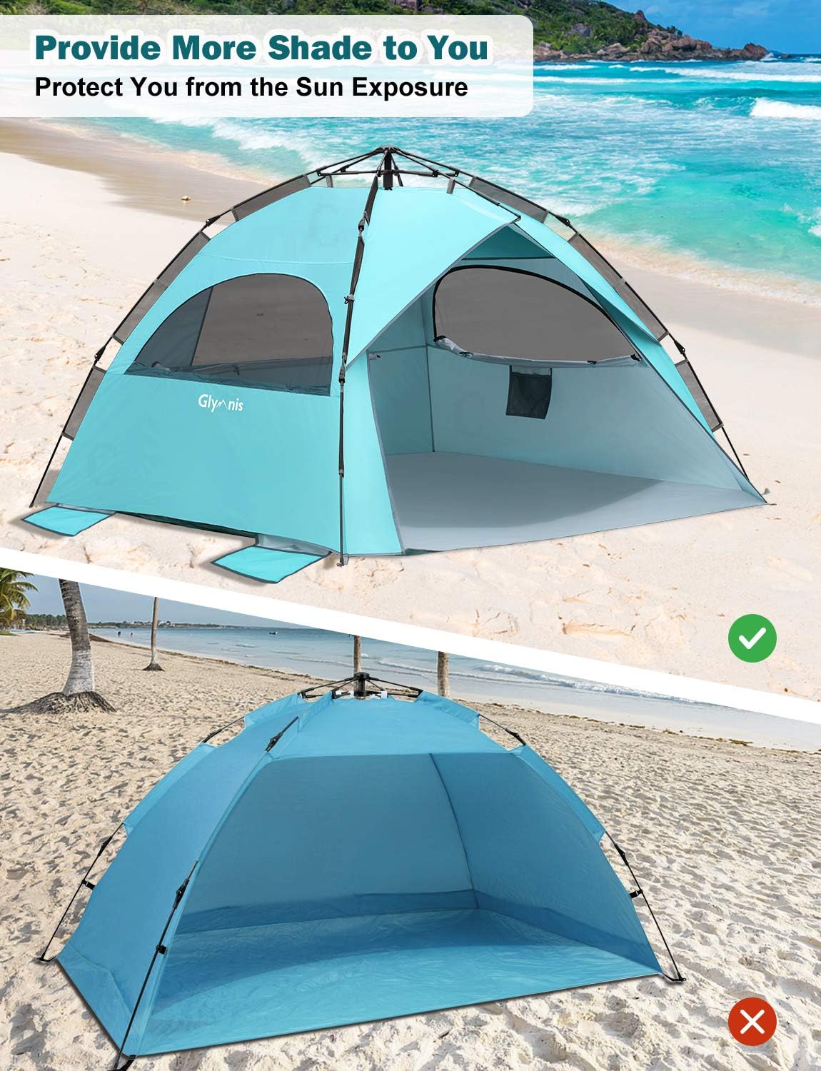 Glymnis Beach Tent Pop Up Beach Tent XL 4-6 Person Easy Setup Portable Sun Shelter UPF 50+ Sun Shade Tent with Carry Bag for Beach Garden Picnic