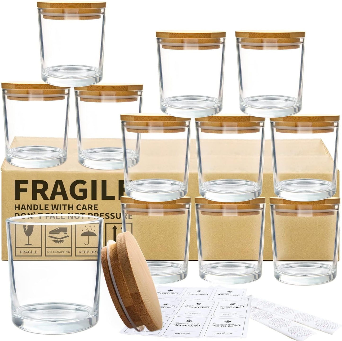 CONNOO 12Pack 10 OZ Clear Glass Candle Jars with Bamboo Lids
