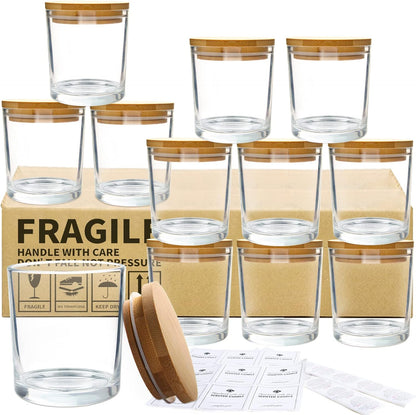 CONNOO 12Pack 10 OZ Clear Glass Candle Jars with Bamboo Lids