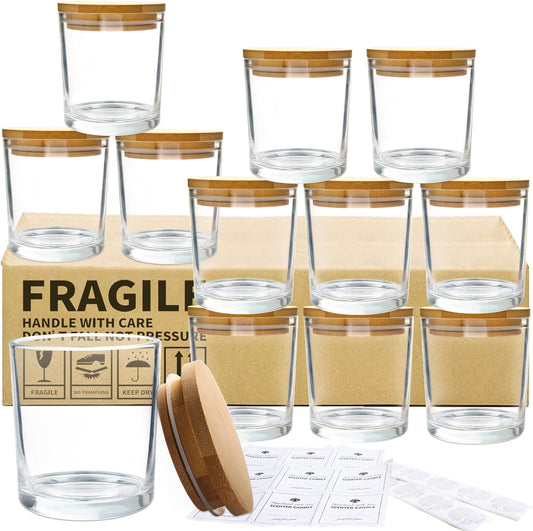 CONNOO 12Pack 10 OZ Clear Glass Candle Jars with Bamboo Lids