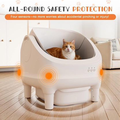 GUNJI Self Cleaning Cat Litter Box, Open-Top Automatic Self-Cleaning Litter Box, Design for Multi-Cat Families, Integrated Safety Protection, Includes Trash Bags (Brown)
