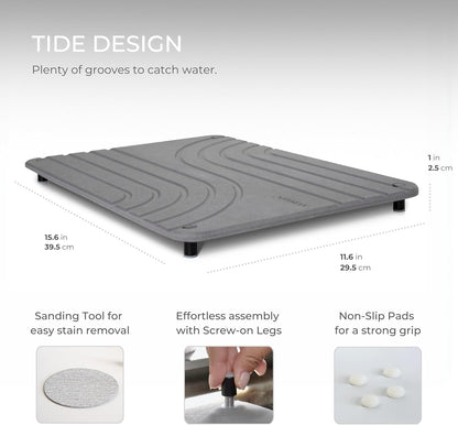 Natureva Home - Stone Dish Drying Mat | Super Absorbent, Quick Dry | Diatomite Mats for Kitchen Counter | Made of Natural Diatomaceous Earth | Absorbing Water Instantly | Design Tide | Colour Graphite