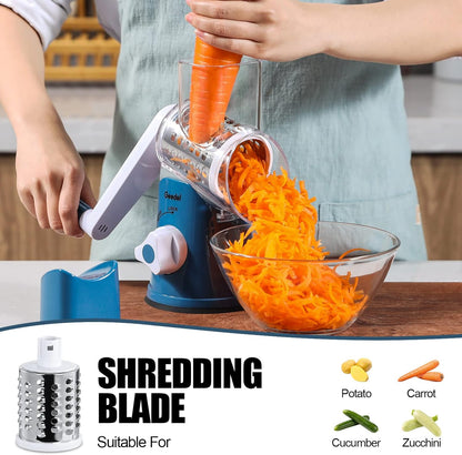 Geedel Kitchen Cheese Grater, Rotary Mandoline Vegetable Slicer with Interchangeable Blades, Easy to Use Rotary Grater Slicer for Fruit, Vegetables, Nuts