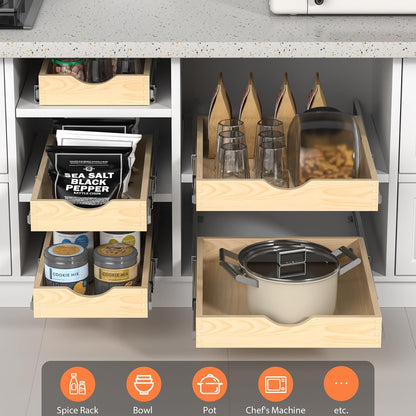 Wooden Pull Out Cabinet Organizer, Slide Out Drawer for Kitchen Organizers and Storage, Soft Close, Heavy Duty, Full-Extension
