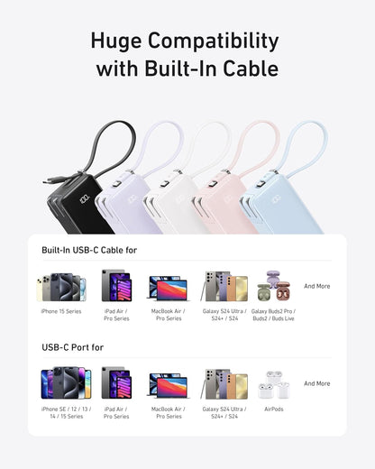 ANKER Nano 3-in-1 Power Bank, Foldable AC Plug, 10,000mAh, 30W Two-Way Fast Charging, Built-in Lightning Cable (Not for iPhone 16/15 Series), Compatible with iPhone 14 Series, AirPods, and More
