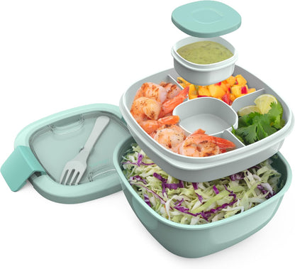 Bentgo Salad - Stackable Lunch Container with Large 54-oz Salad Bowl, 4-Compartment Bento-Style Tray for Toppings, 3-oz Sauce Container for Dressings, Built-in Reusable Fork & BPA-Free (Khaki Green)