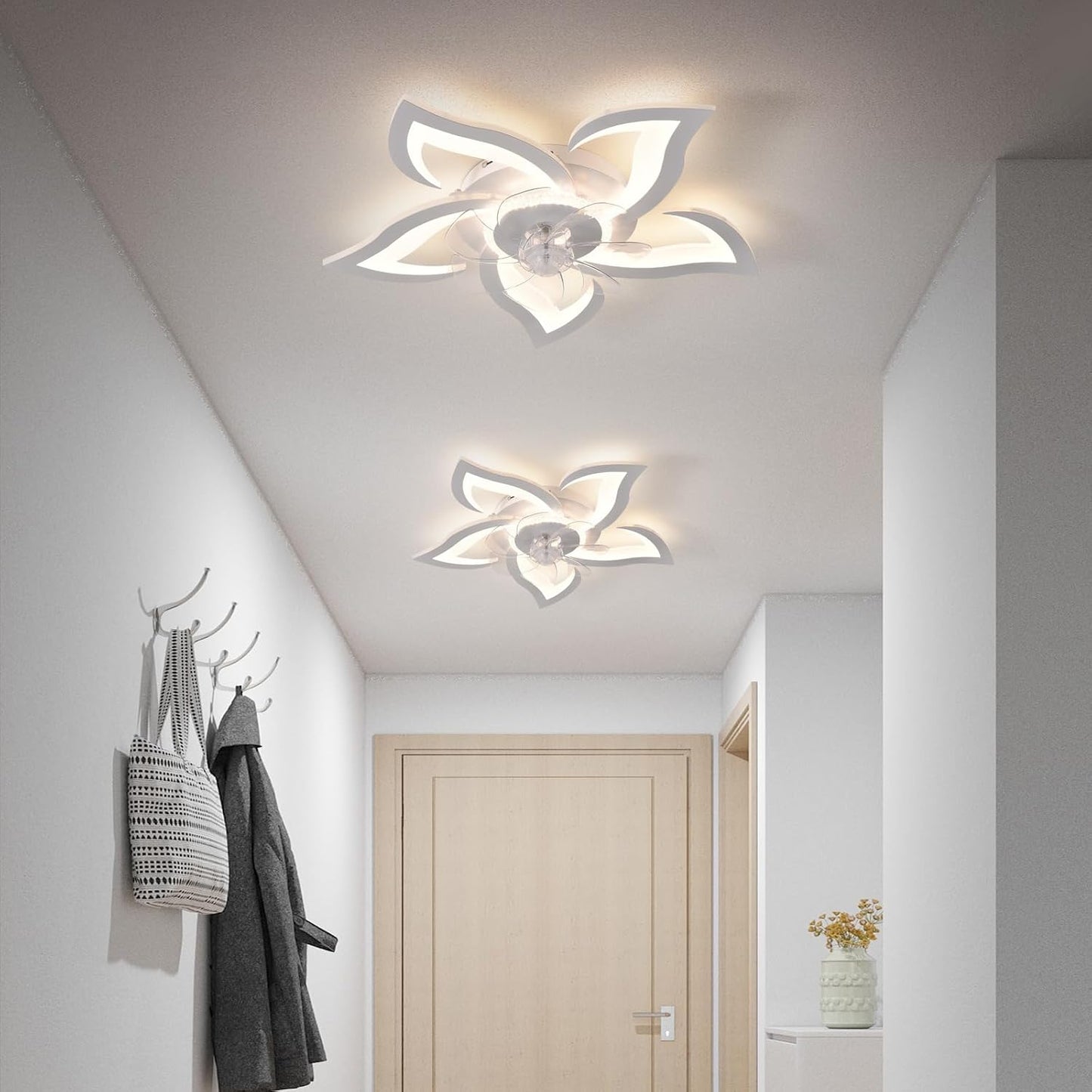 26" Geometric Ceiling Fan with Lights, 6 Speeds 3 Colors Ceiling Fan with Light Remote Control, White Low Profile Flush Mount Ceiling Fan for Kitchen Bedroom Living Room