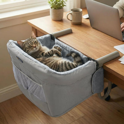 Veehoo Cat Desk Bed, Removable Washable Cats Bed for Desk | Hammock Perch Design, Soft Faux Rabbit Fur Kitten Nest, Fits Various Desktops, Maximum Hold Up to 50lb, 48 x 46 cm, Grey