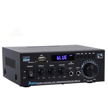 Stereo Receiver Amplifier Home Audio Amp, AK45 Bluetooth Receiver for Home Stereo, 300Wx2, Bluetooth 5.0, 2 Channel Amp with USB/SD/RCA/MIC/FM and Remote for Karaoke Party