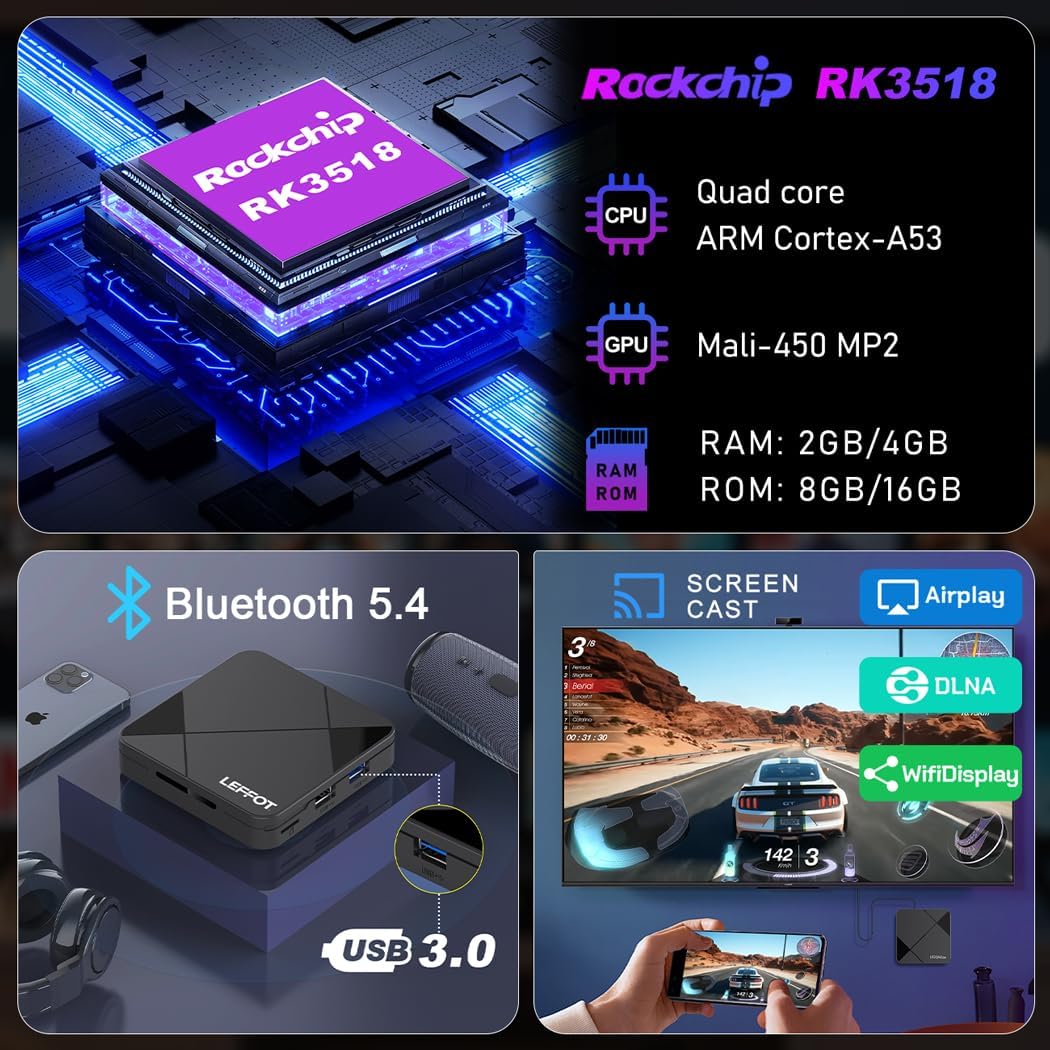 LEFFOT Android TV Box 14, 2025Smart 4K UHD Steaming Devices for TV,2GB RAM + 16GB ROM,Home Smat TV Box,with HDR10,2.4G&5G WiFi 6,BT 5.0 RK3518