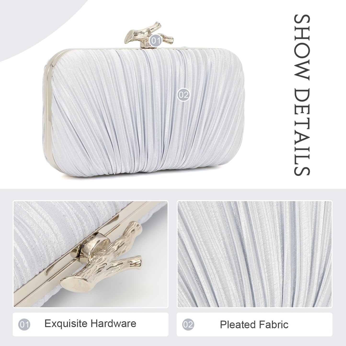 Clutch Purses for Women Evening Bag Pleated Clutch Bag with Chain Party Purses Handbag for Cocktail/Prom/Party/Wedding/Formal