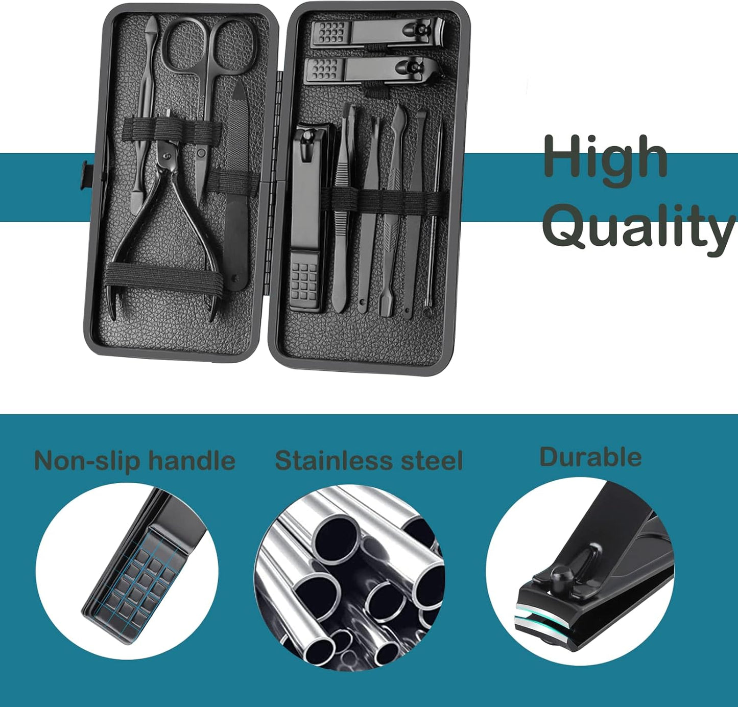 Manicure Set Nail Clippers Pedicure Kit -7PCS Stainless Steel Manicure Kit, Professional Grooming Kits, Nail Care Tools with Luxurious Travel Leather Case Gift Box (7, Black)